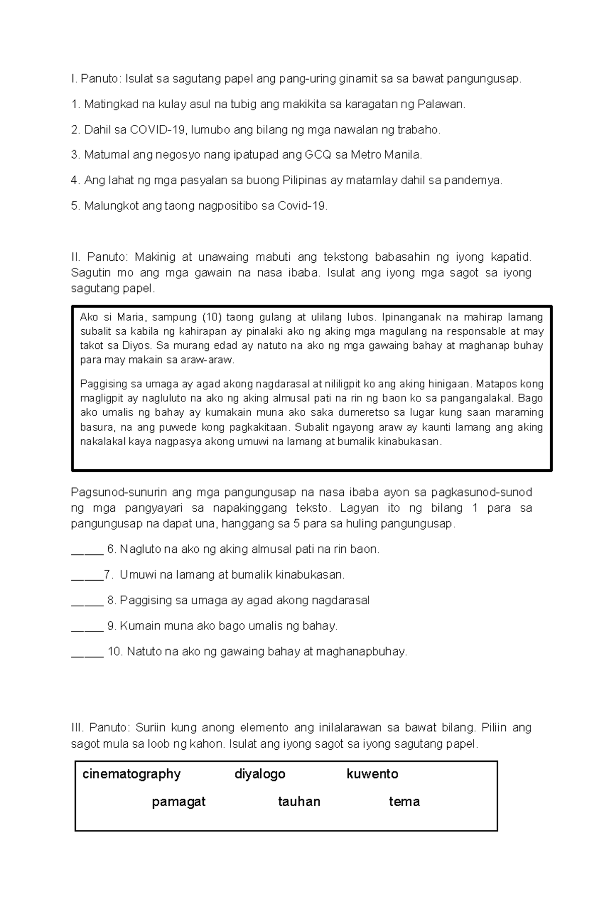 FIL 5 PRE TEST - I. Panuto: Isulat sa sagutang papel ang pang-uring ...