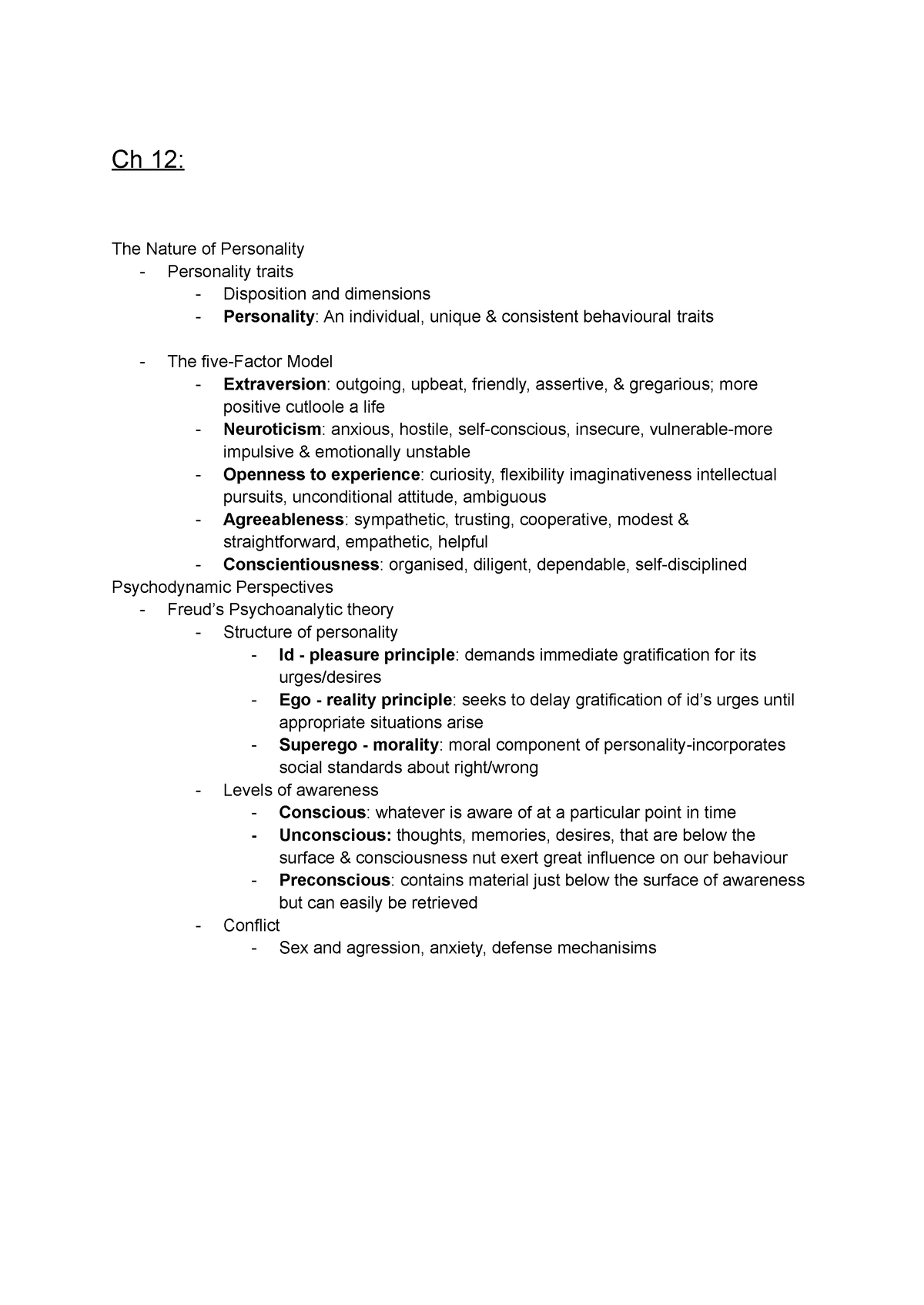 Psyc 1002 Midterm Review 2022 Ch 12 The Nature Of Personality