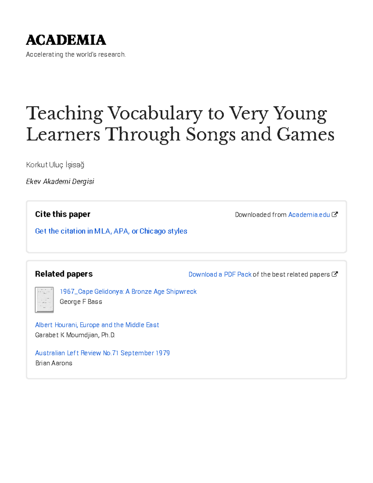 Teaching Vocabulary to Very Young Learners Through Songs and Games ...