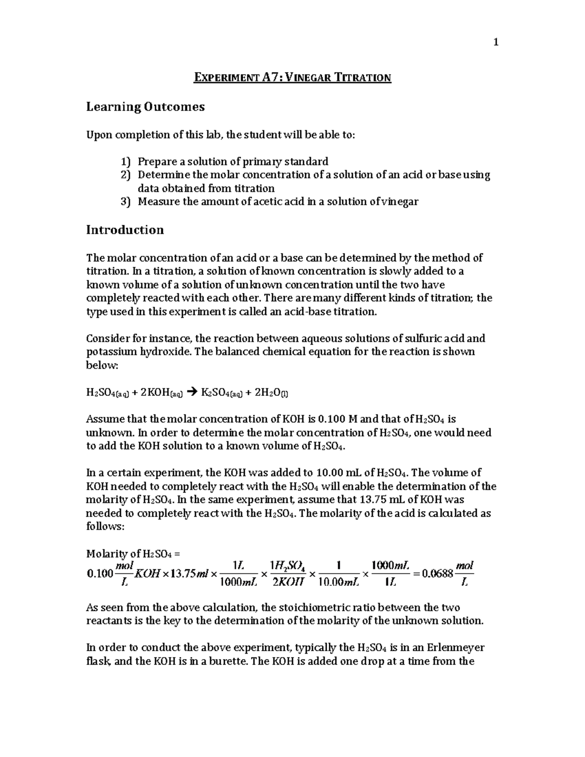 Experiment A7 Titration EXPERIMENT A7 VINEGAR TITRATION Learning