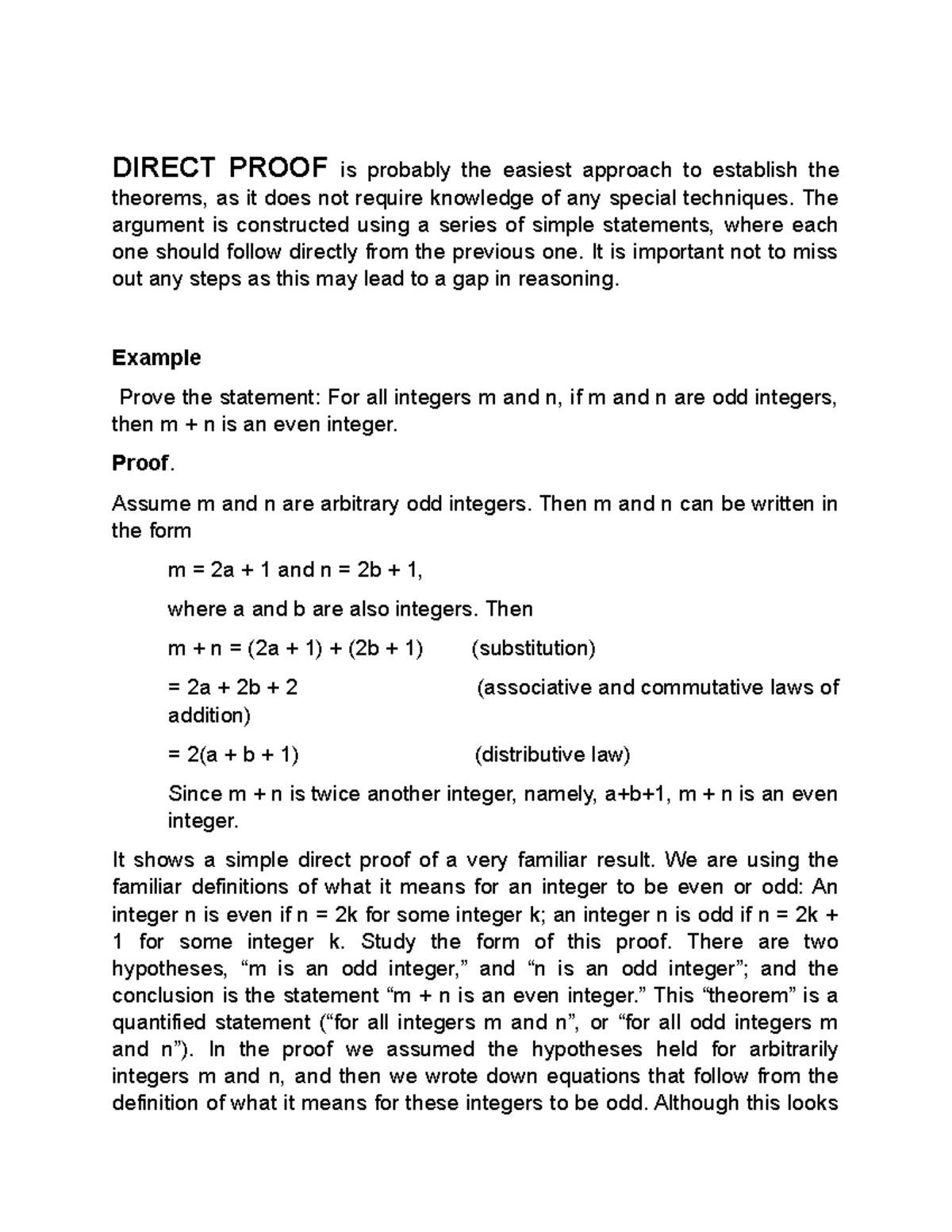 Math111 preliminary - DIRECT PROOF is probably the easiest approach to ...