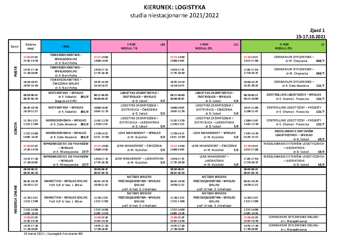 Plan studiów Logistyka I stopień, studia niestacjonarne, semestr zimowy