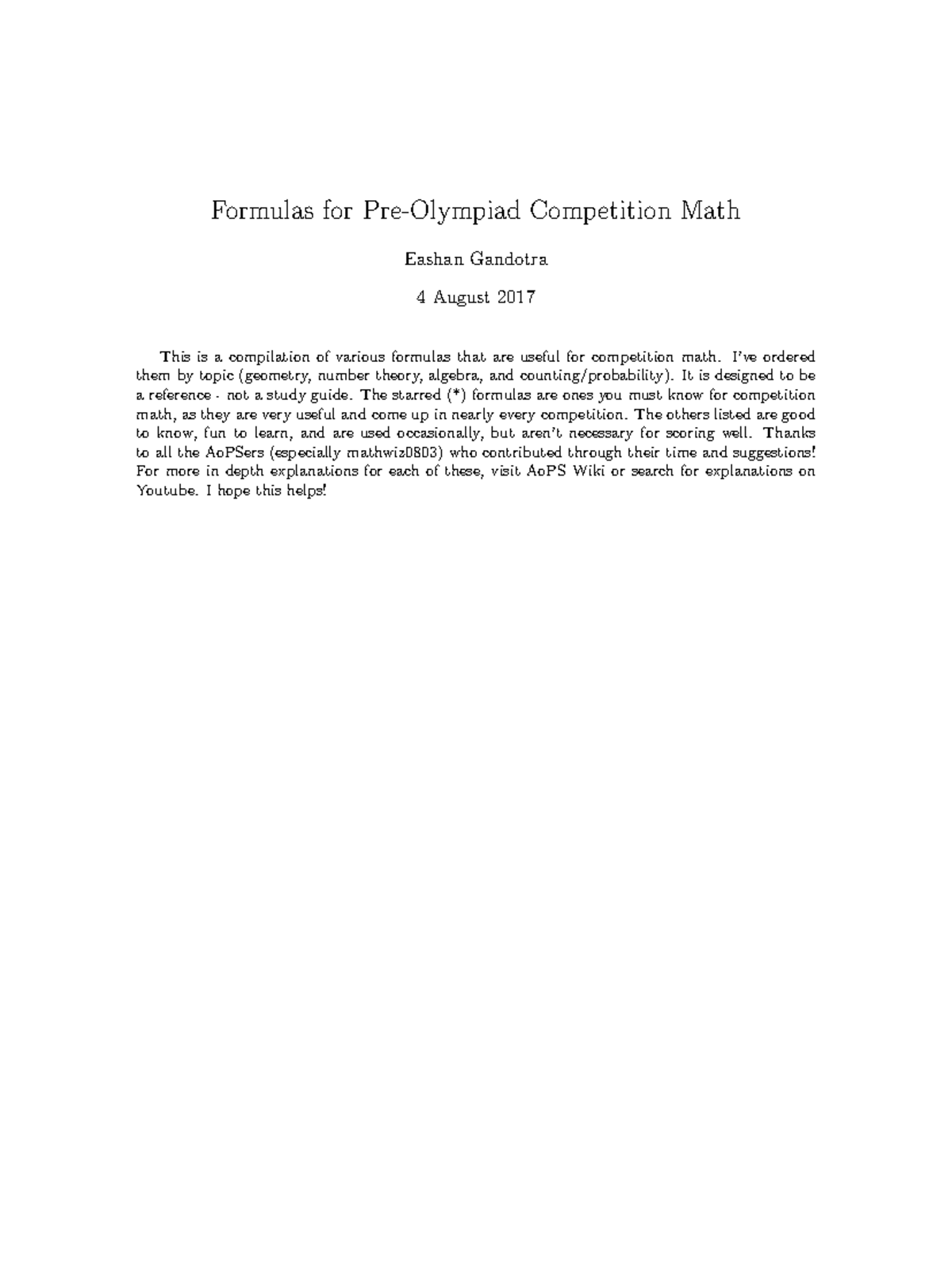 Formulas for Pre-Olympiad Competition Math - I’ve ordered them by topic ...