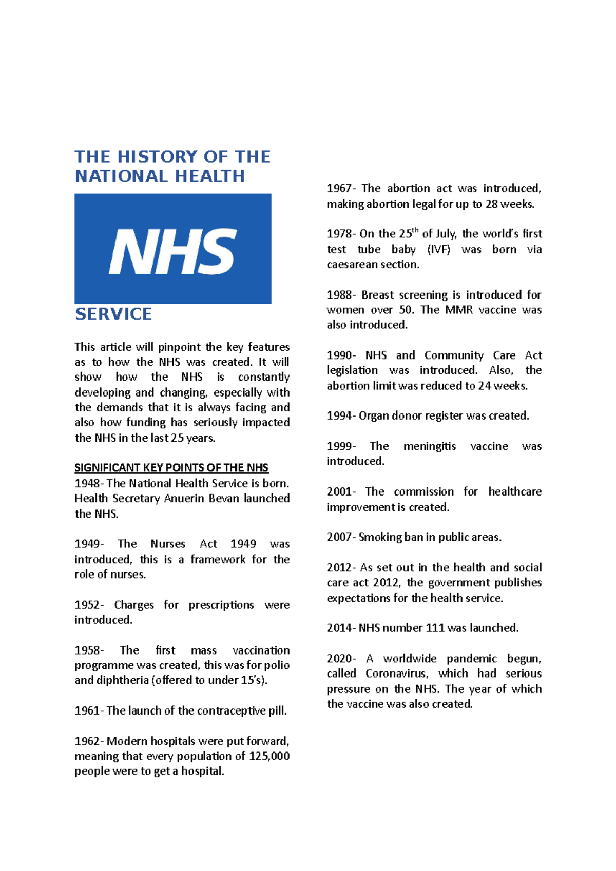 Unit 6 - Received a distinction - THE HISTORY OF THE NATIONAL HEALTH ...
