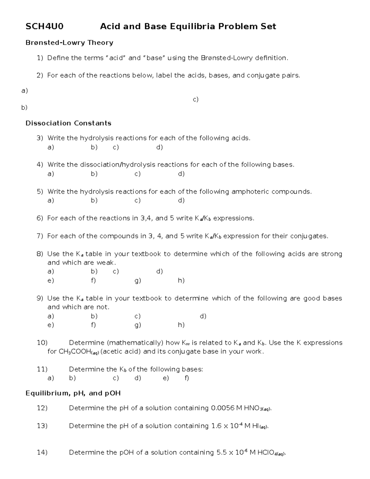 Acid and Base Equilibria Problem Set - Studocu