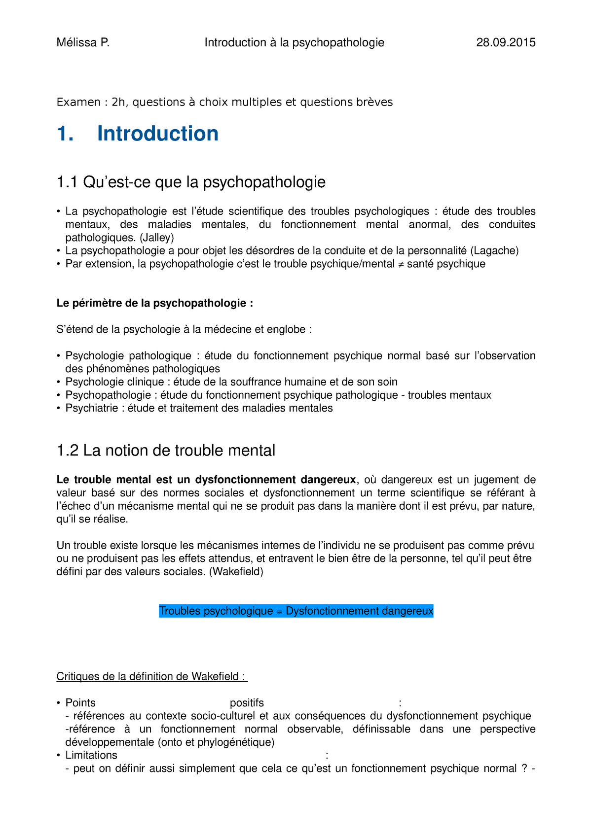Introduction A La Psychopathologie Studocu