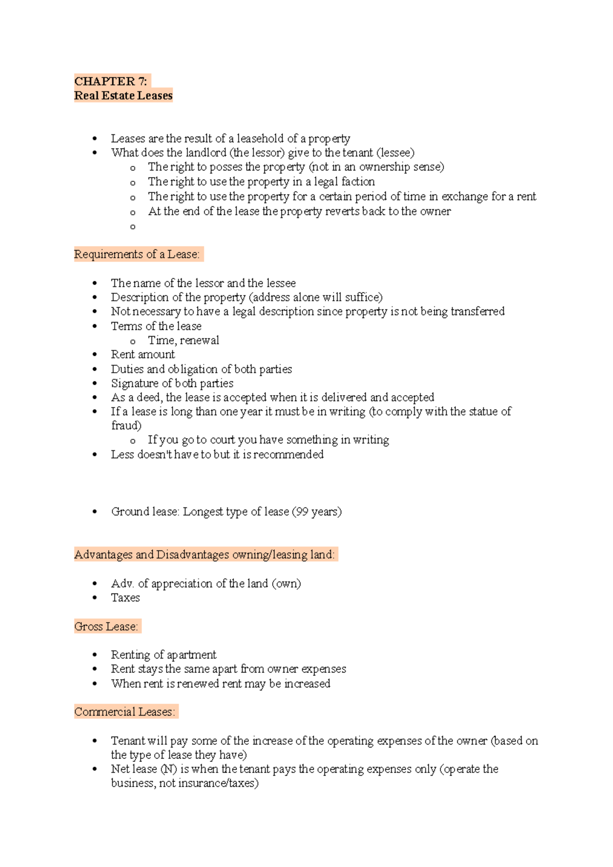 CHAPTER 7 REVIEW FOR EXAMN 2 - CHAPTER 7: Real Estate Leases Leases Are ...