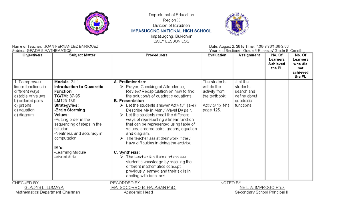 daily lesson log - Region X Division of Bukidnon IMPASUGONG NATIONAL ...