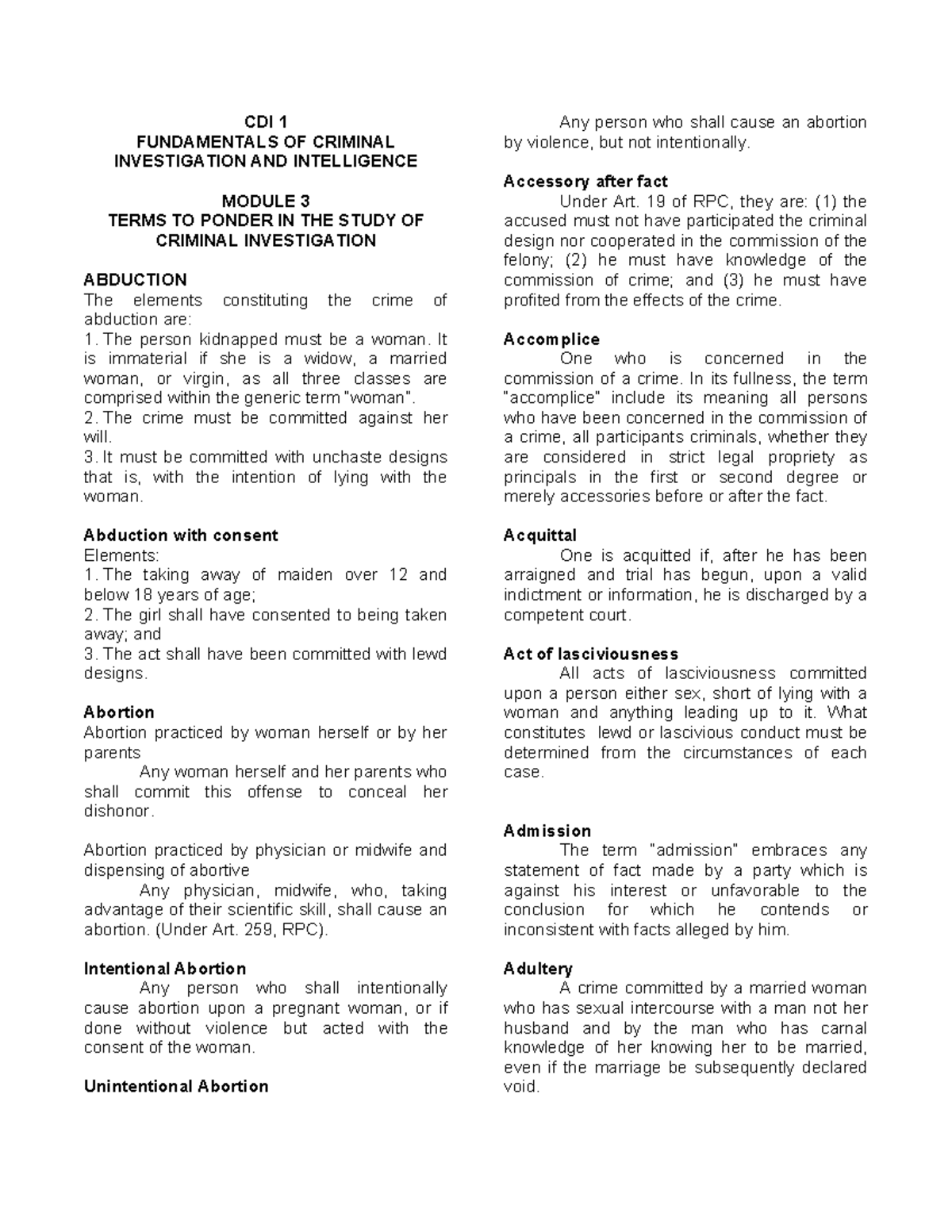 CDI 1 Module 3 - CDI 1 FUNDAMENTALS OF CRIMINAL INVESTIGATION AND ...