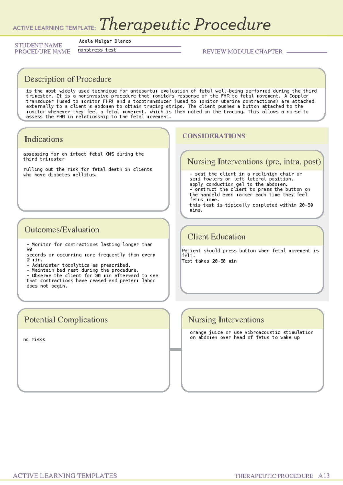 Nonstress test Reduction of Risk Potential NURS 361 STUDENT NAME