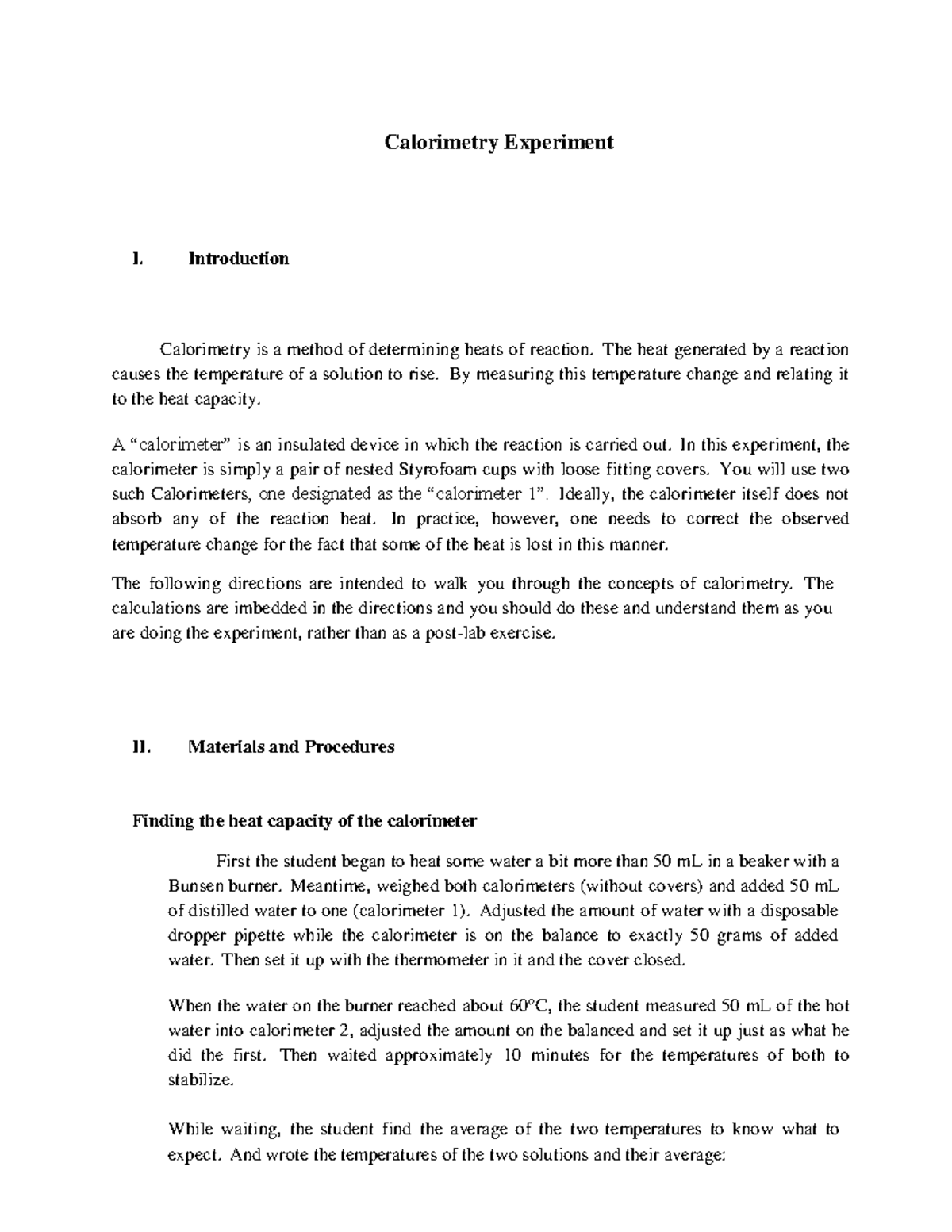 Calorimetry Experiment Laboratory Report Form Calorimetry Experiment