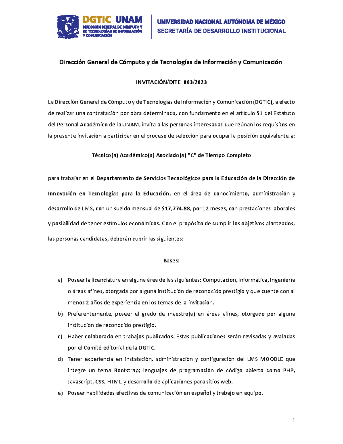 Dgtic Invitación DITE 003 2023 Moodle-Servicios - Dirección General de ...