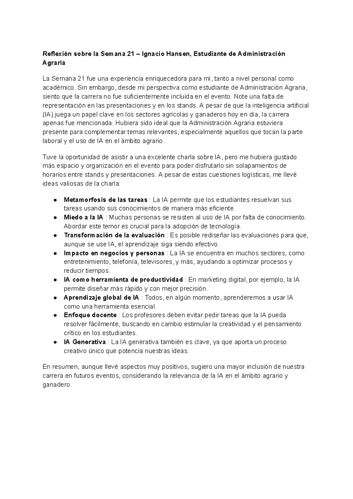 Trabajo Aprender Reflexi N Sobre La Semana Ignacio Hansen Estudiante De Administraci N