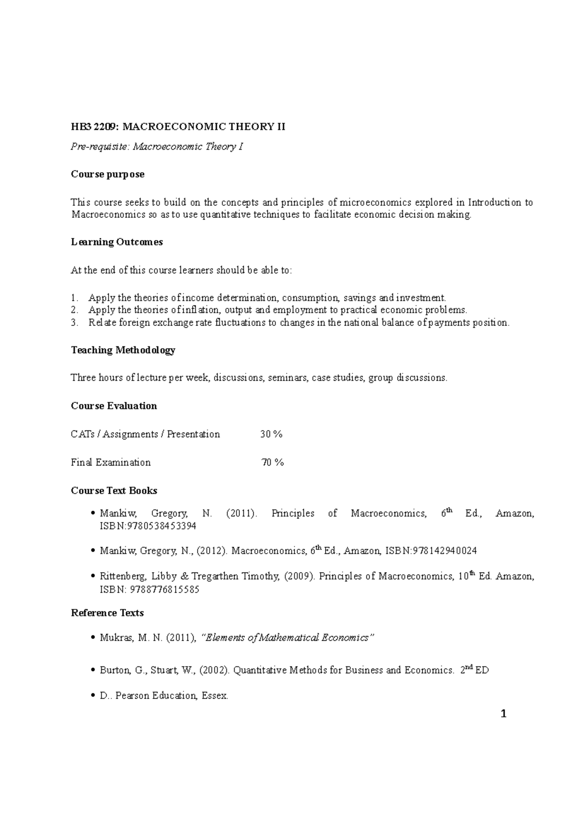HBE 2209 Handout ONE Macroeconomics Theory II - HB3 2209: MACROECONOMIC ...