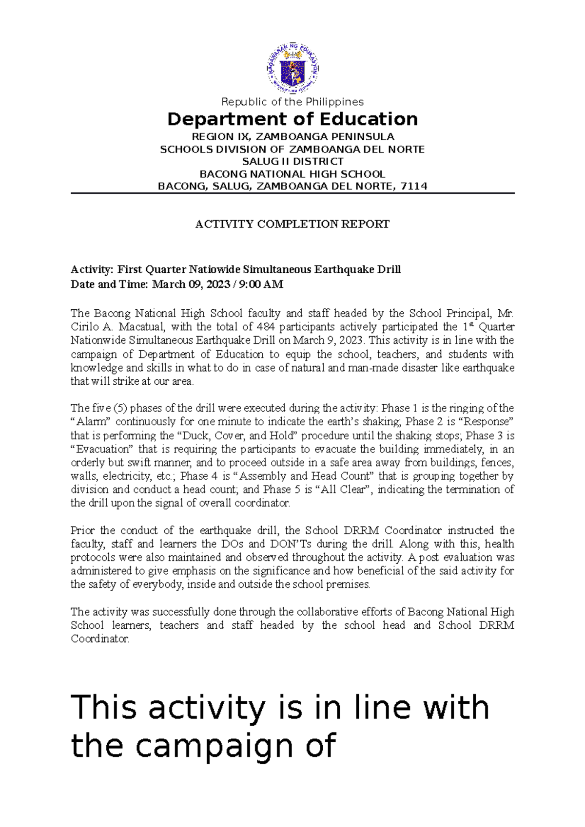 ACR DRRM - ADADA - Republic of the Philippines Department of Education ...