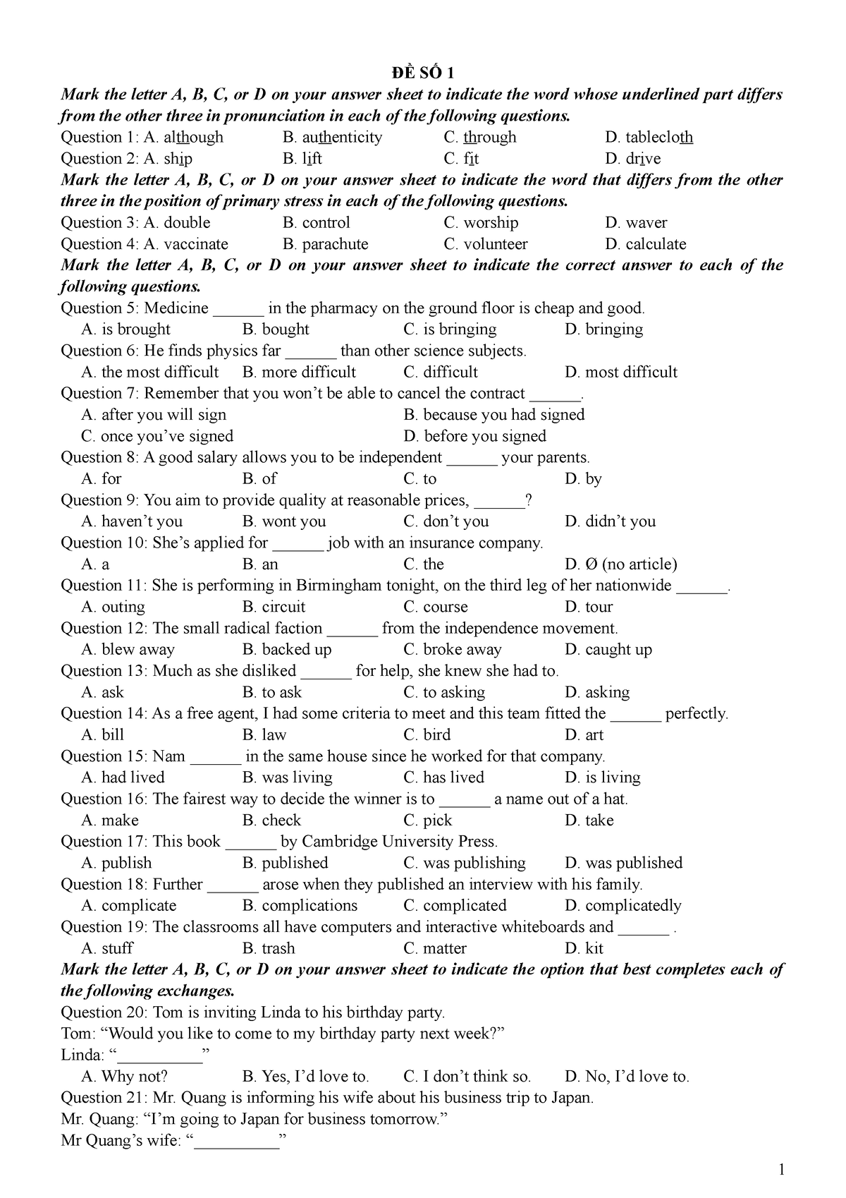 Đề số 1 - hdghgdgdfgd - ĐỀ SỐ 1 Mark the letter A, B, C, or D on your ...