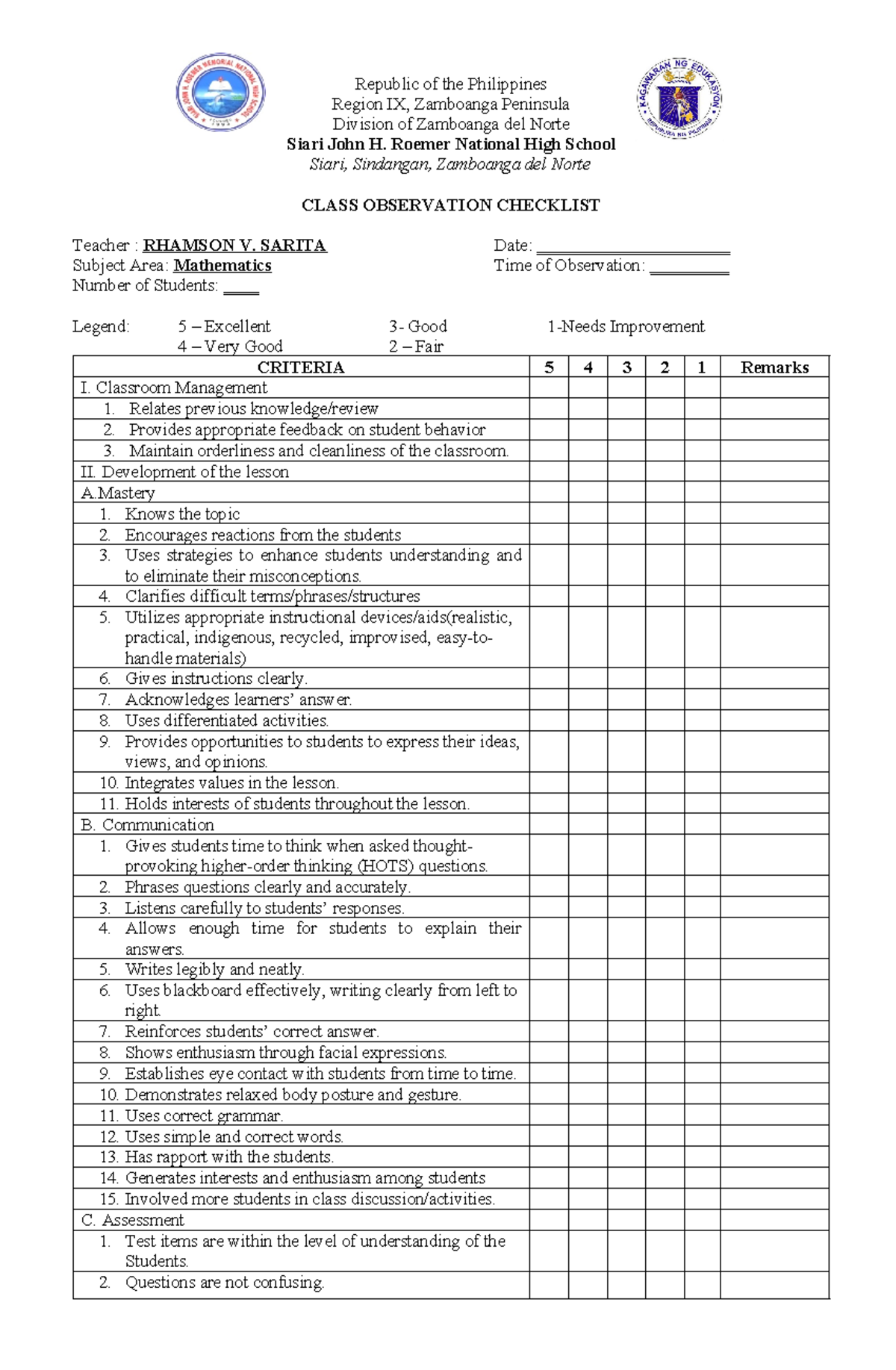 Class Observation Checklist 2 - Republic Of The Philippines Region Ix 