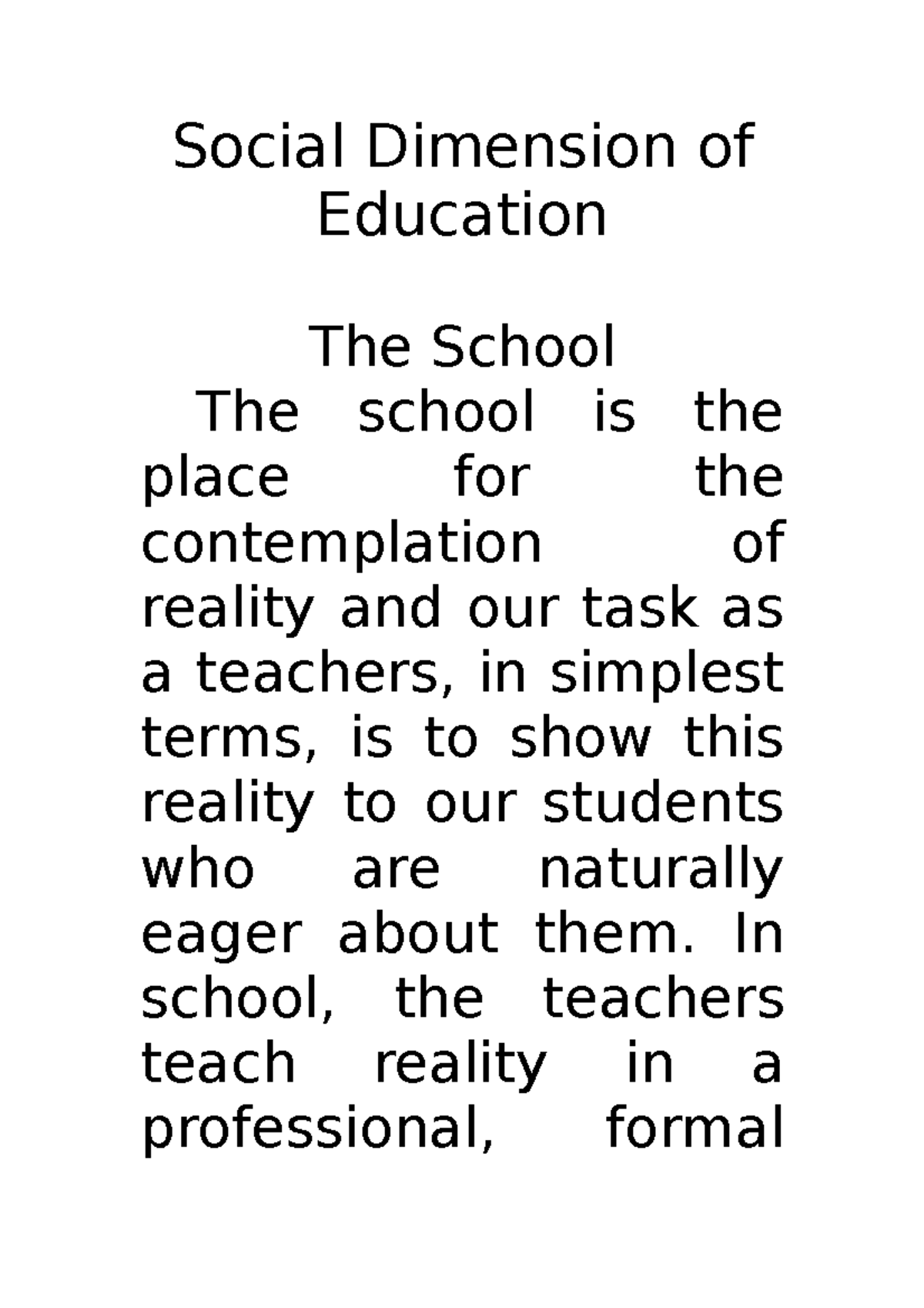 Social Dimension OF Education - Social Dimension of Education The ...