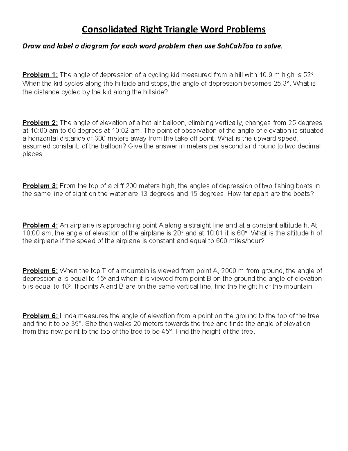 Consolidated Right Triangle Word Problems - Problem 1: The angle of ...