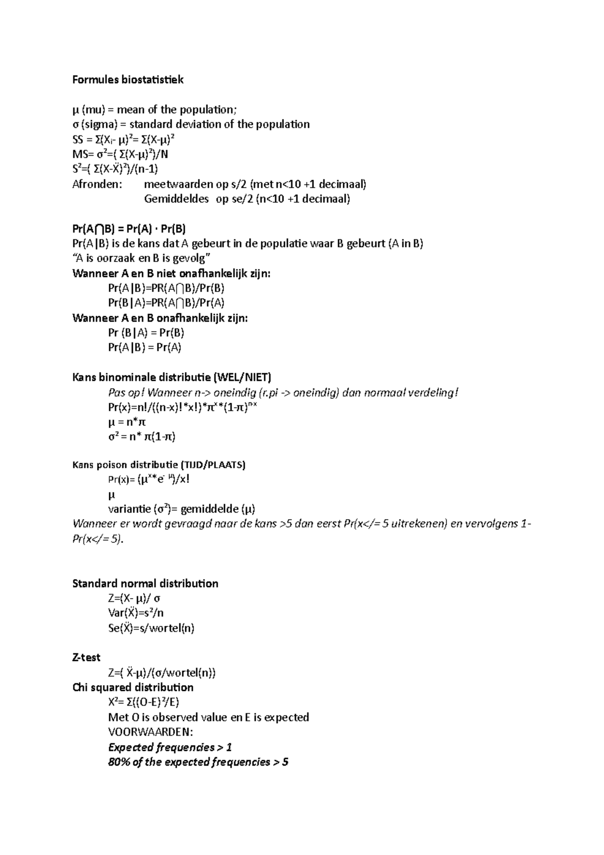 Formules Biostatistiek Studeersnel