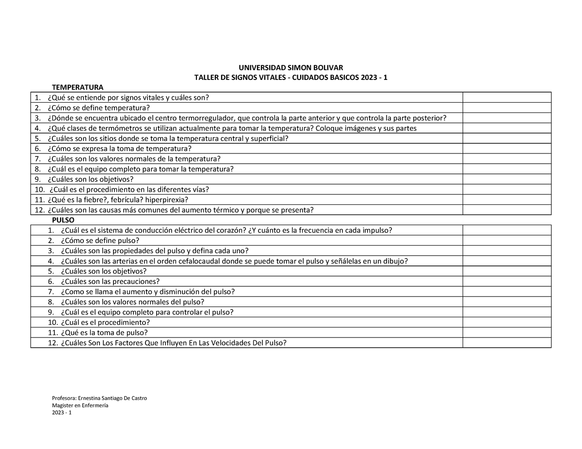 Taller De Signos Vitales Cuidados Basico Ultimo Profesora Ernestina Santiago De Castro 7856