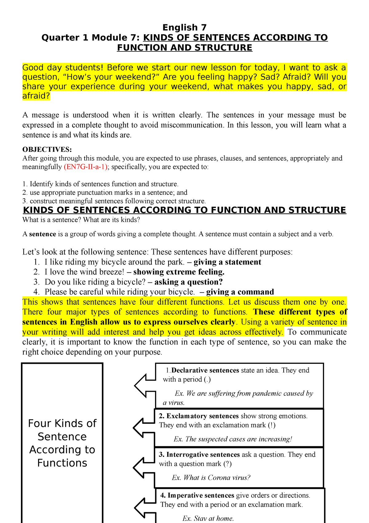 Quarter 1 Module 7 Kinds Of Sentences According To Function And Structure English 7 Quarter 1 6590