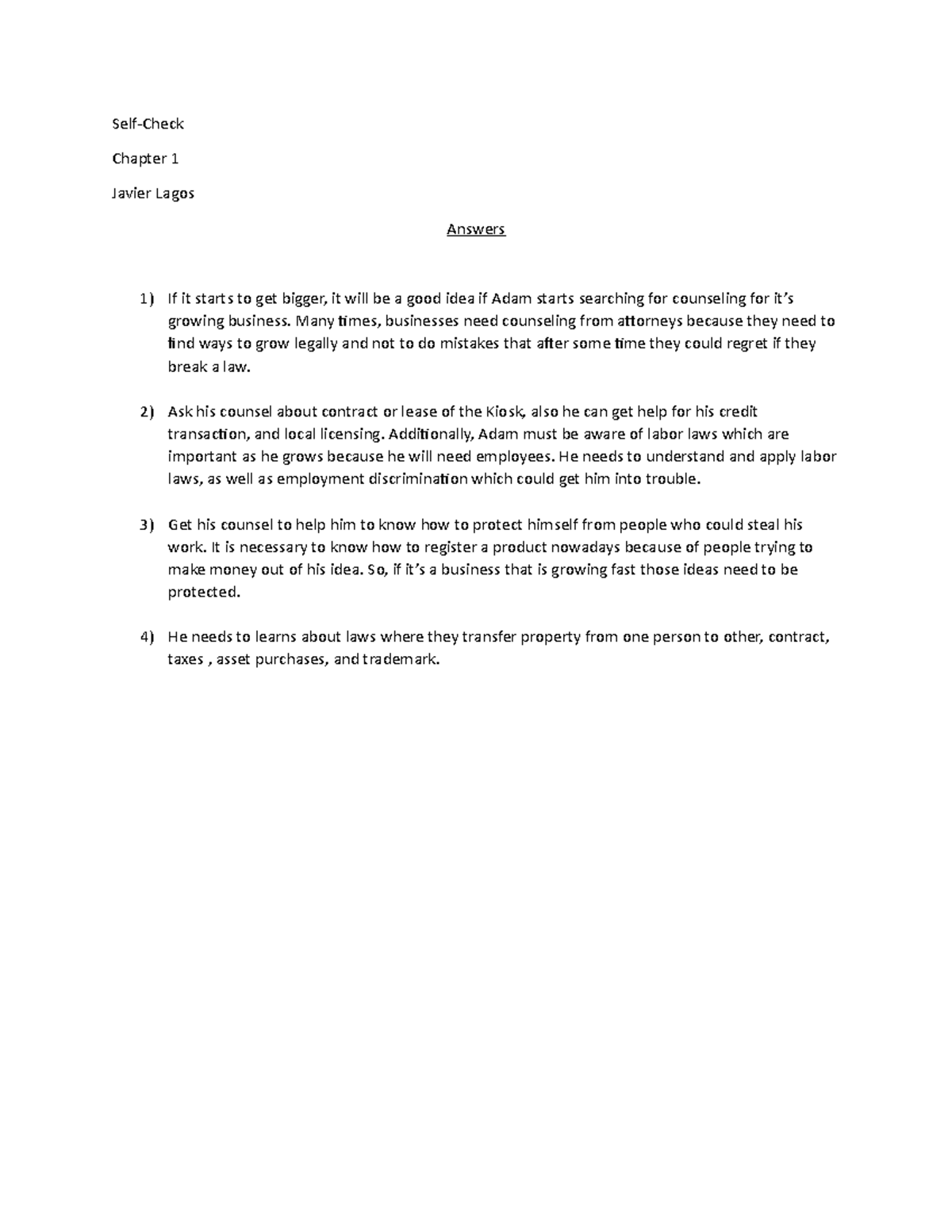 Self - Case Scenarios Given at class - Self-Check Chapter 1 Javier ...