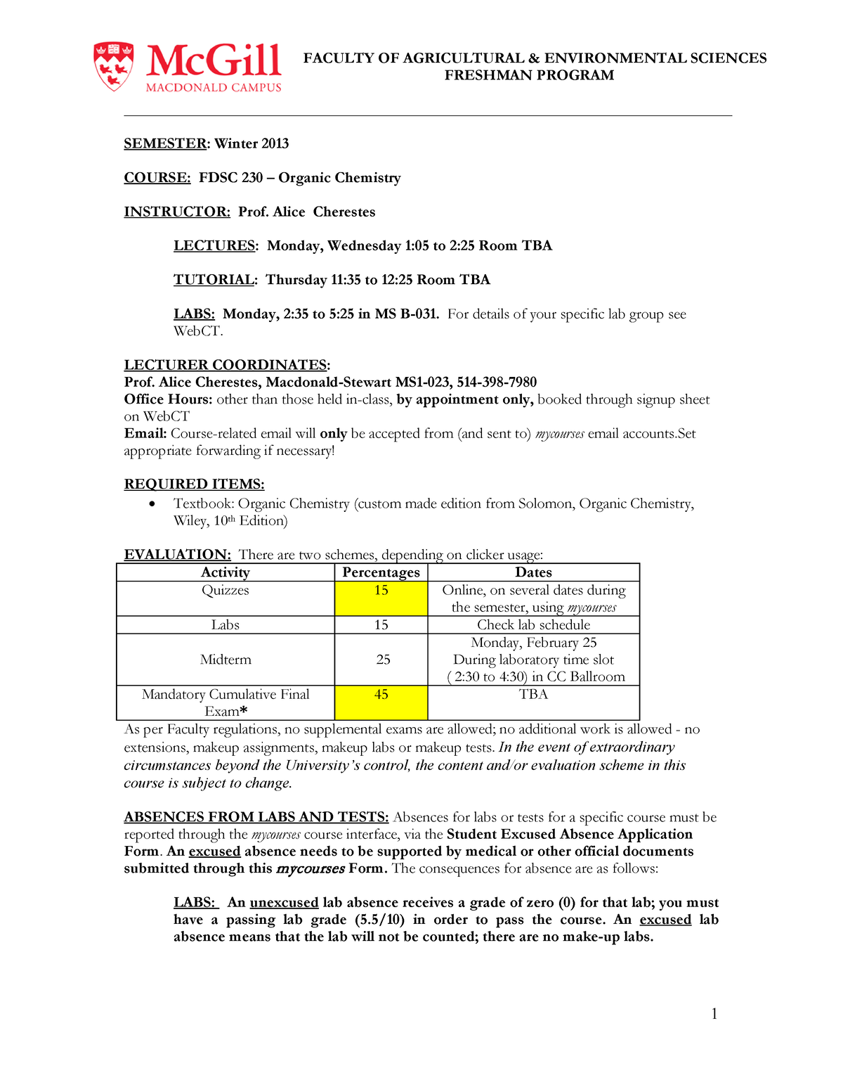 FDSC 230 Organic Chemistry Course Outline FACULTY OF AGRICULTURAL