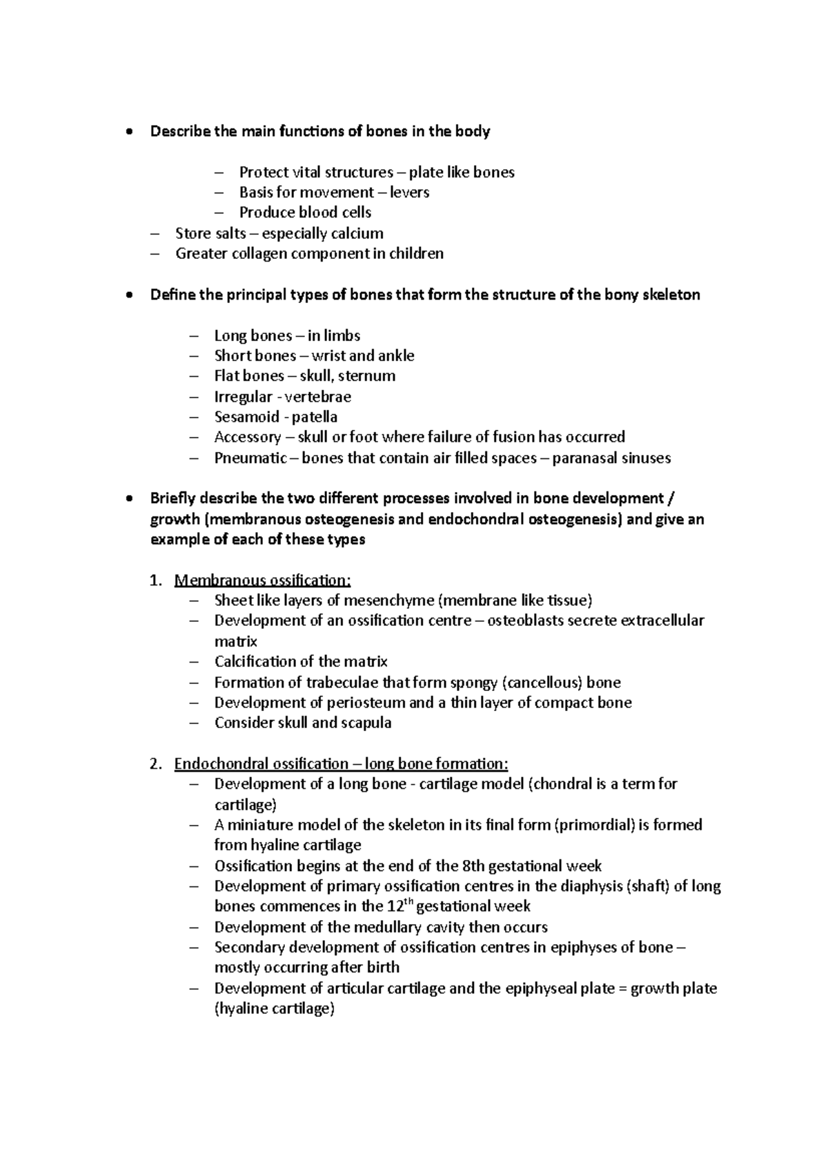 LO Anatomy - learning objectives - Describe the main functions of bones ...