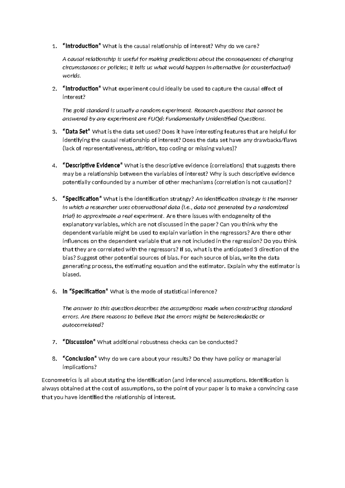 Econometrics Questions - “Introduction” What is the causal relationship ...