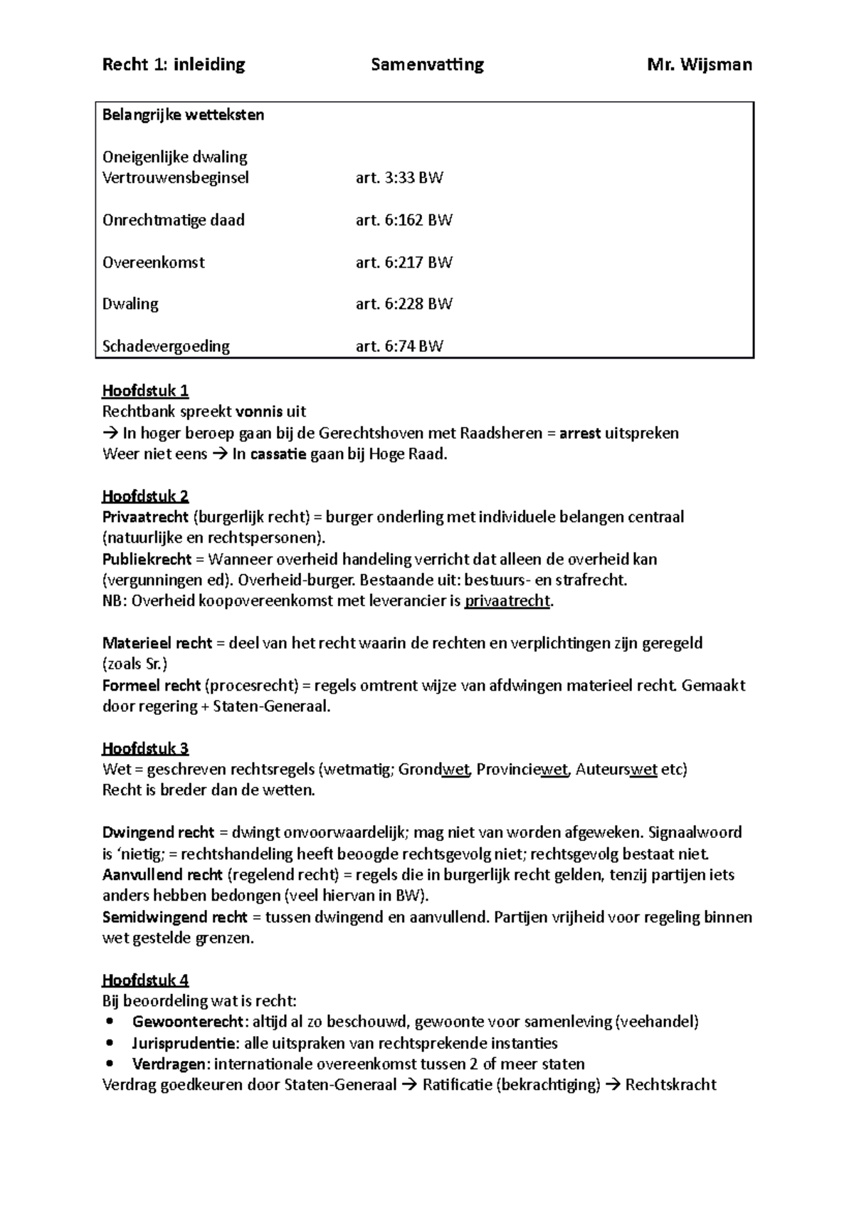 Samenvatting Recht H1 Tm H9 - Belangrijke Wetteksten Oneigenlijke ...