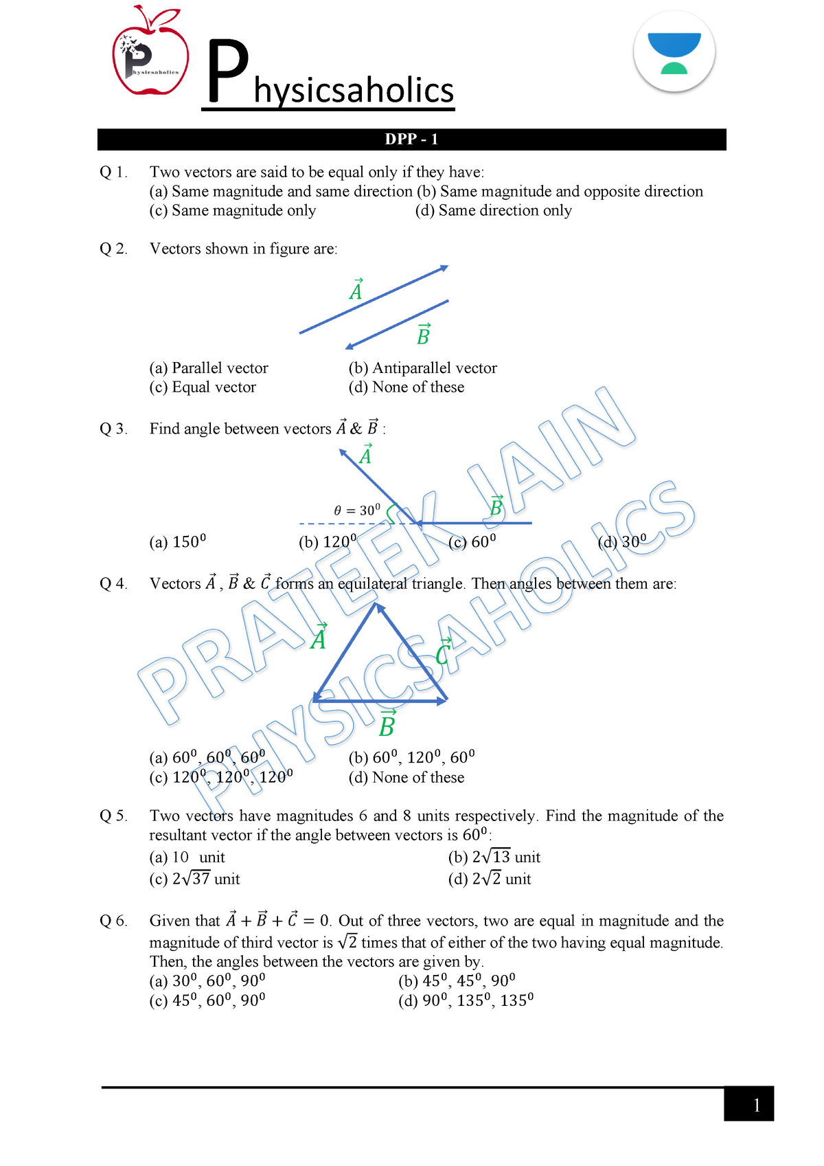 DPP 1 Vectors based physics and maths - Physicsaholics 1 DPP - 1 Q 1 ...