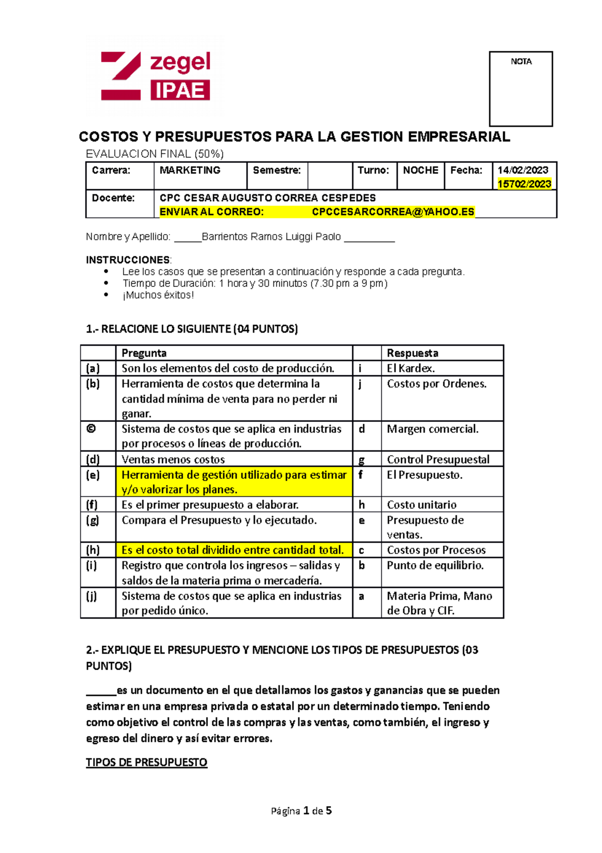 Examen 18/2023 - COSTOS Y PRESUPUESTOS PARA LA GESTION EMPRESARIAL ...