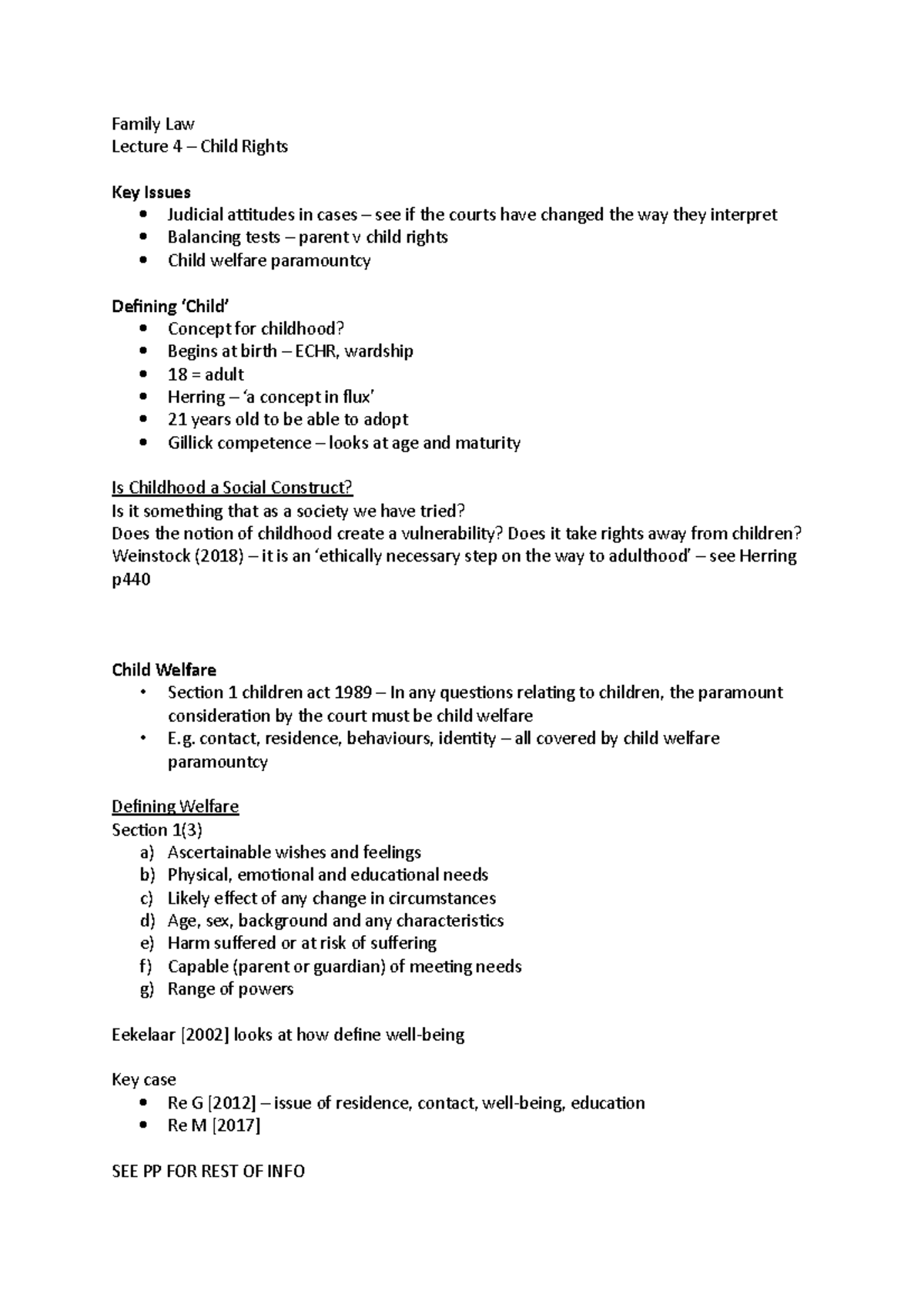 Lecture 4 notes - child rights - Family Law Lecture 4 – Child Rights ...