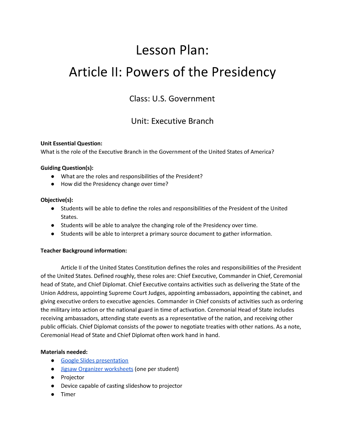 article ii the presidency assignment quizlet