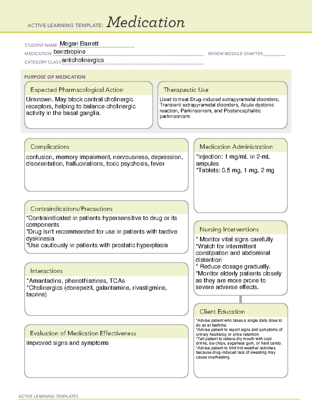 Benztropine - ACTIVE LEARNING TEMPLATES Medication STUDENT NAME - Studocu