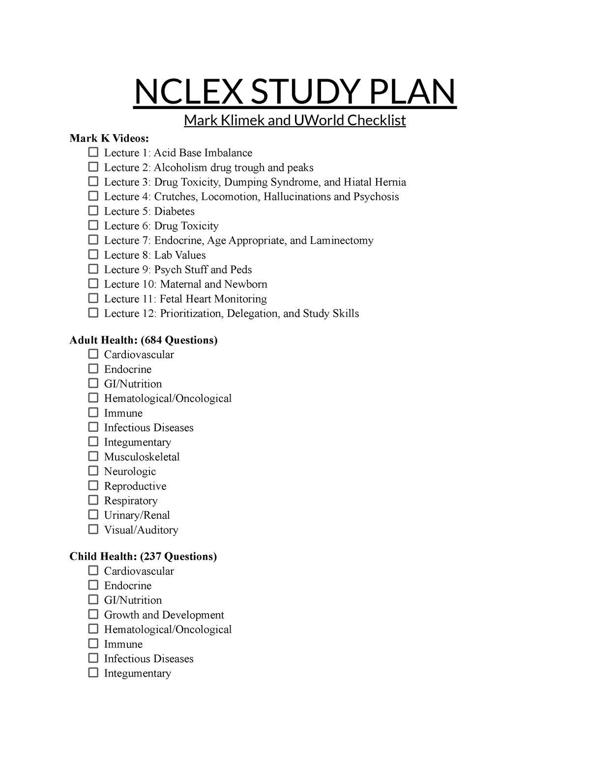 Nclex Study PLAN NCLEX STUDY PLAN Mark Klimek and UWorld Checklist
