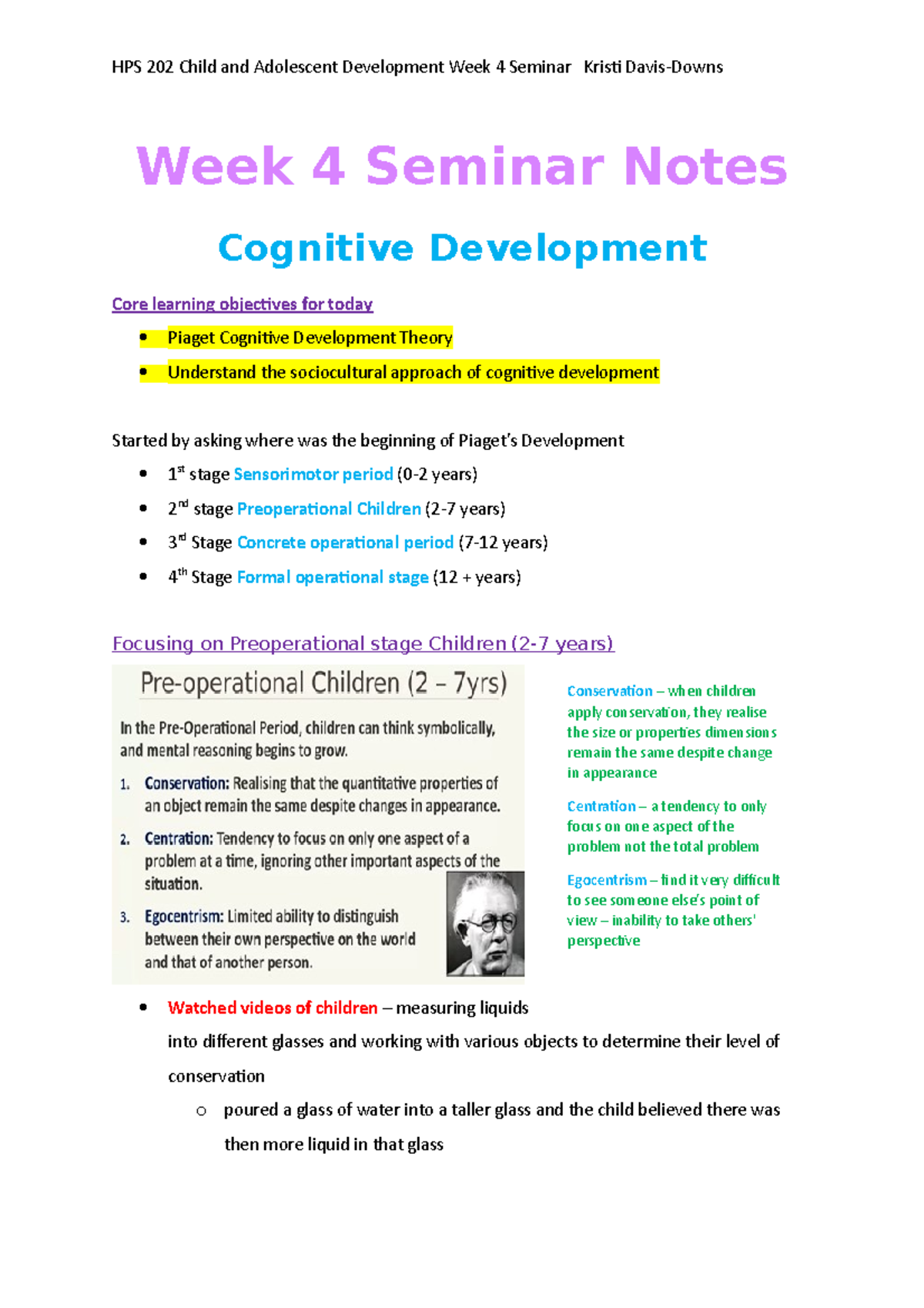 HPS202 Week 4 Seminar - Week 4 Seminar Notes Cognitive Development Core ...