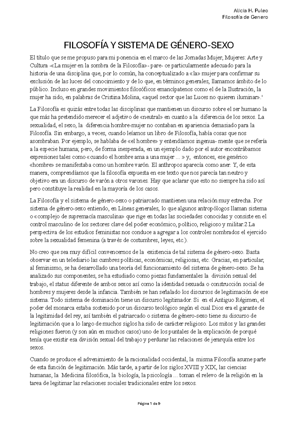 4. Puleo filosofia y genero - Filosofía de Genero FILOSOFÍA Y SISTEMA ...