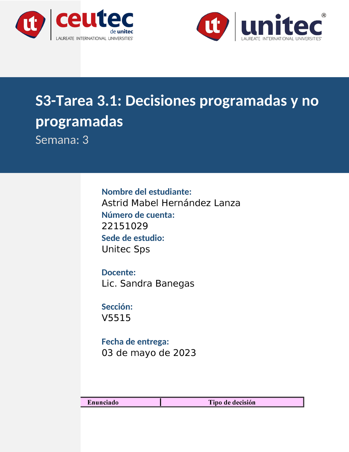 S3-Tarea 3.1 Decisiones Programadas Y No Programadas - Nombre Del ...