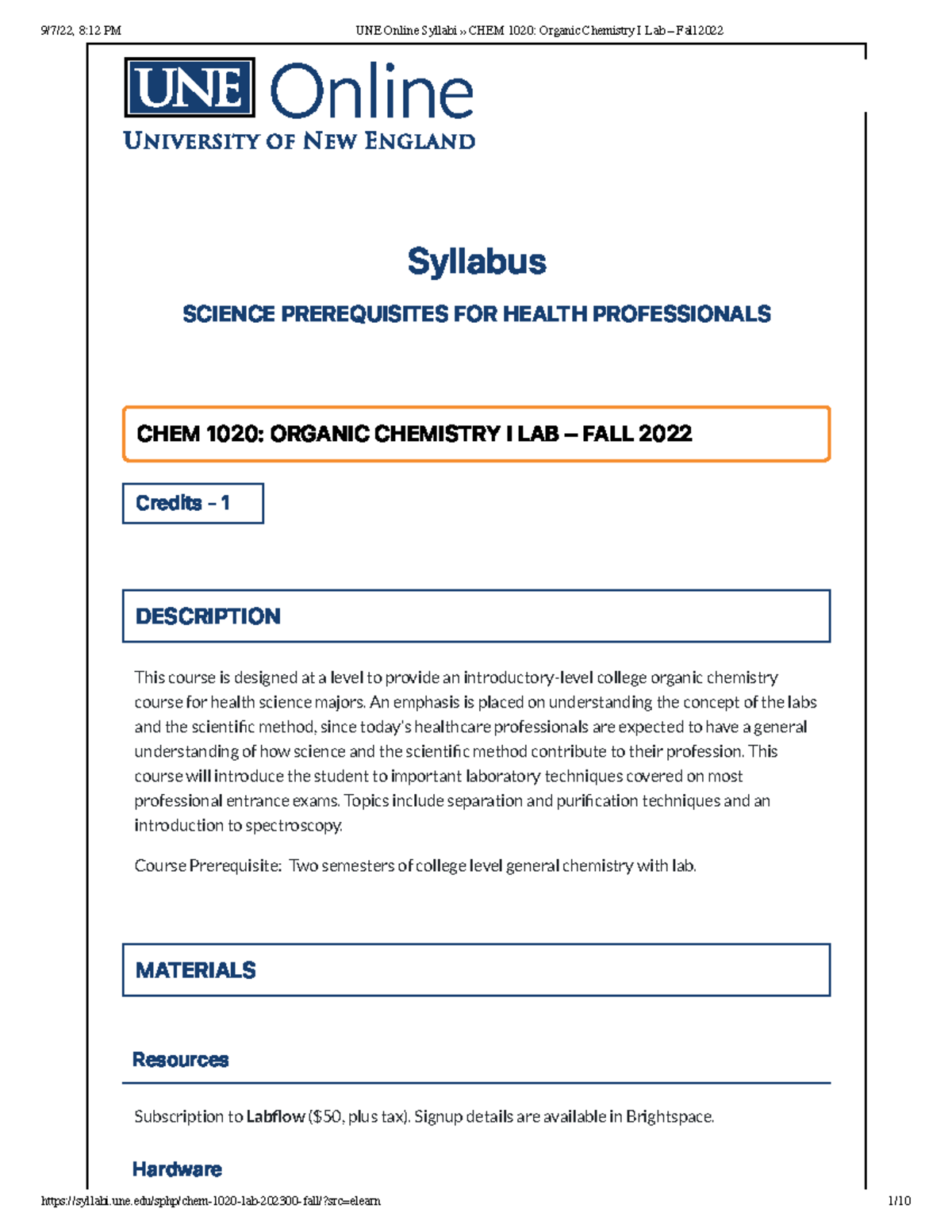 UNE Online Syllabi » CHEM 1020 Organic Chemistry I Lab Fall 2022