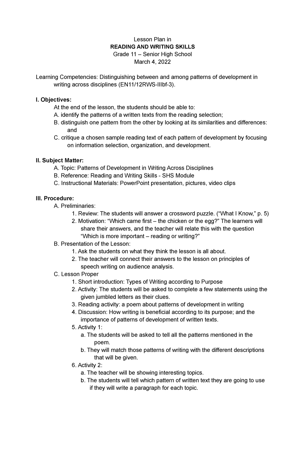 COT Lesson Plan n/a Lesson Plan in READING AND WRITING SKILLS Grade