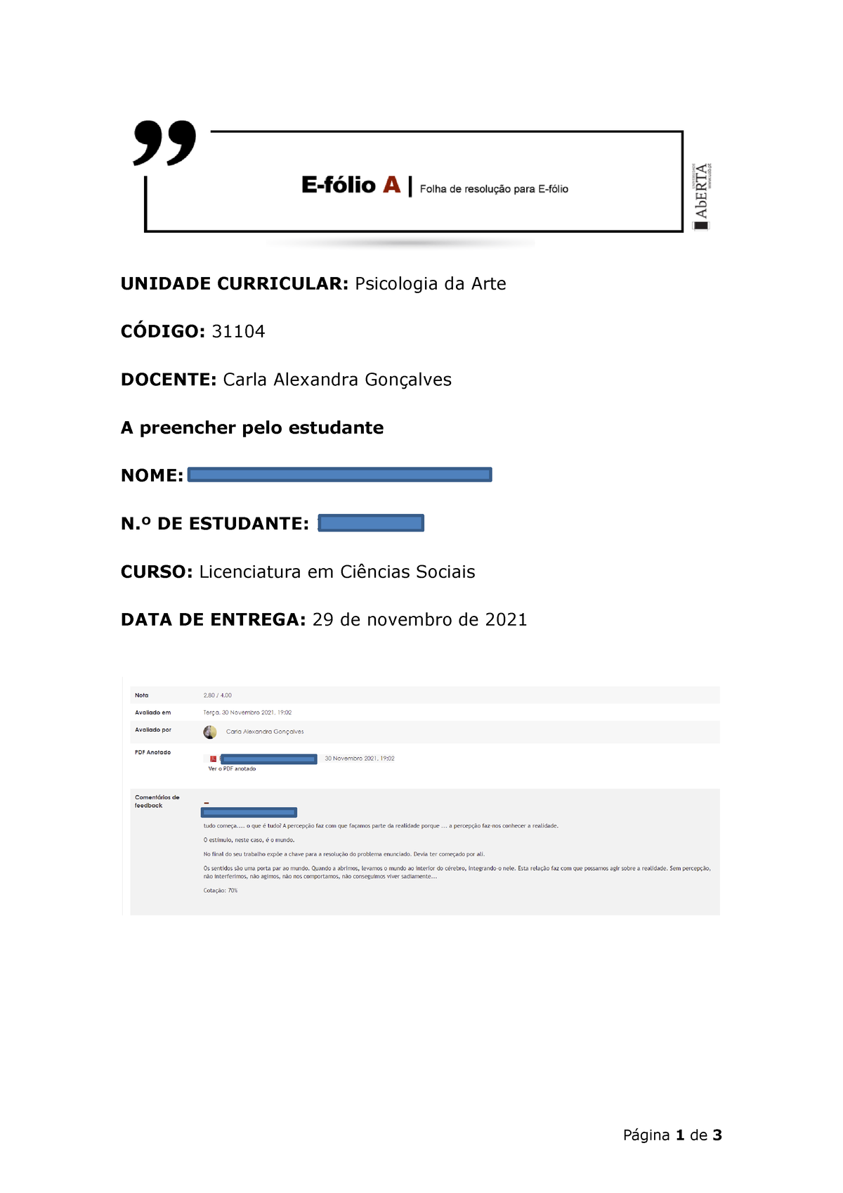 Efolio A Psicologia Da Arte - Página 1 De 3 UNIDADE CURRICULAR ...