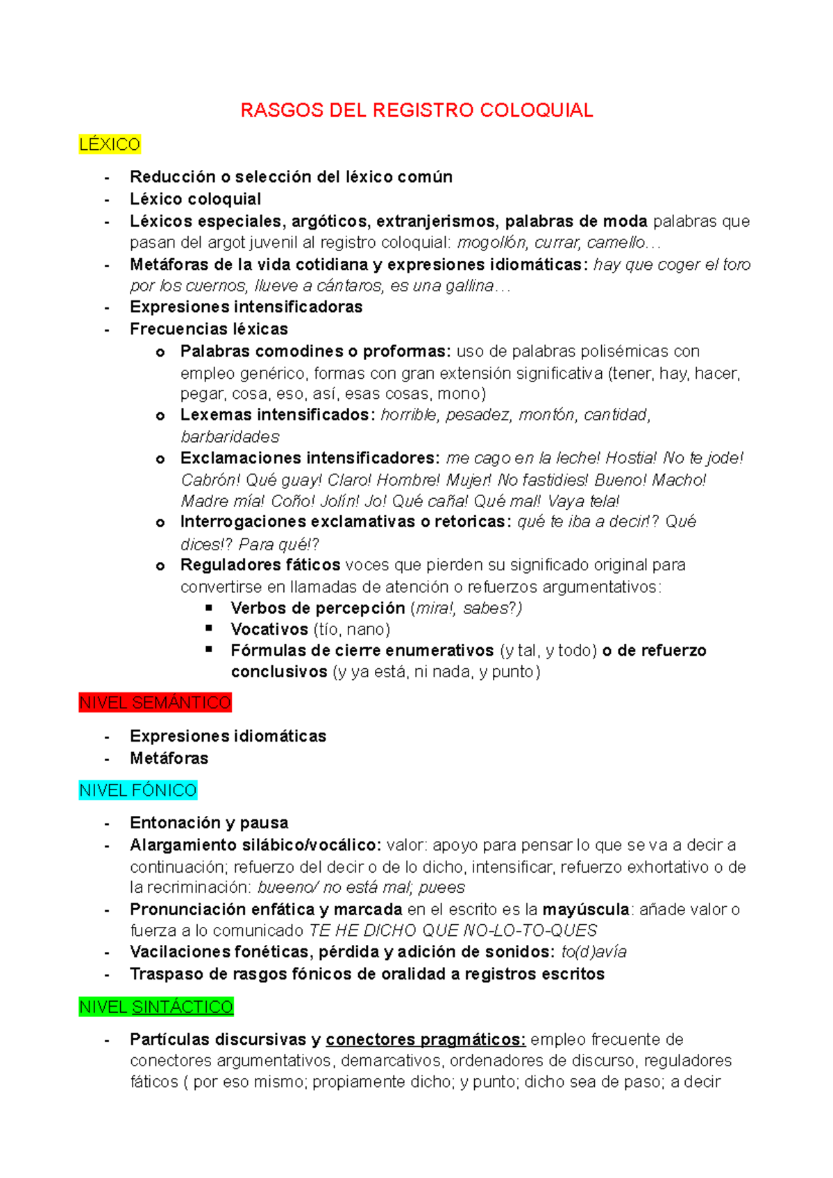 Lista Coloquial - RASGOS DEL REGISTRO COLOQUIAL LÉXICO Reducción O ...