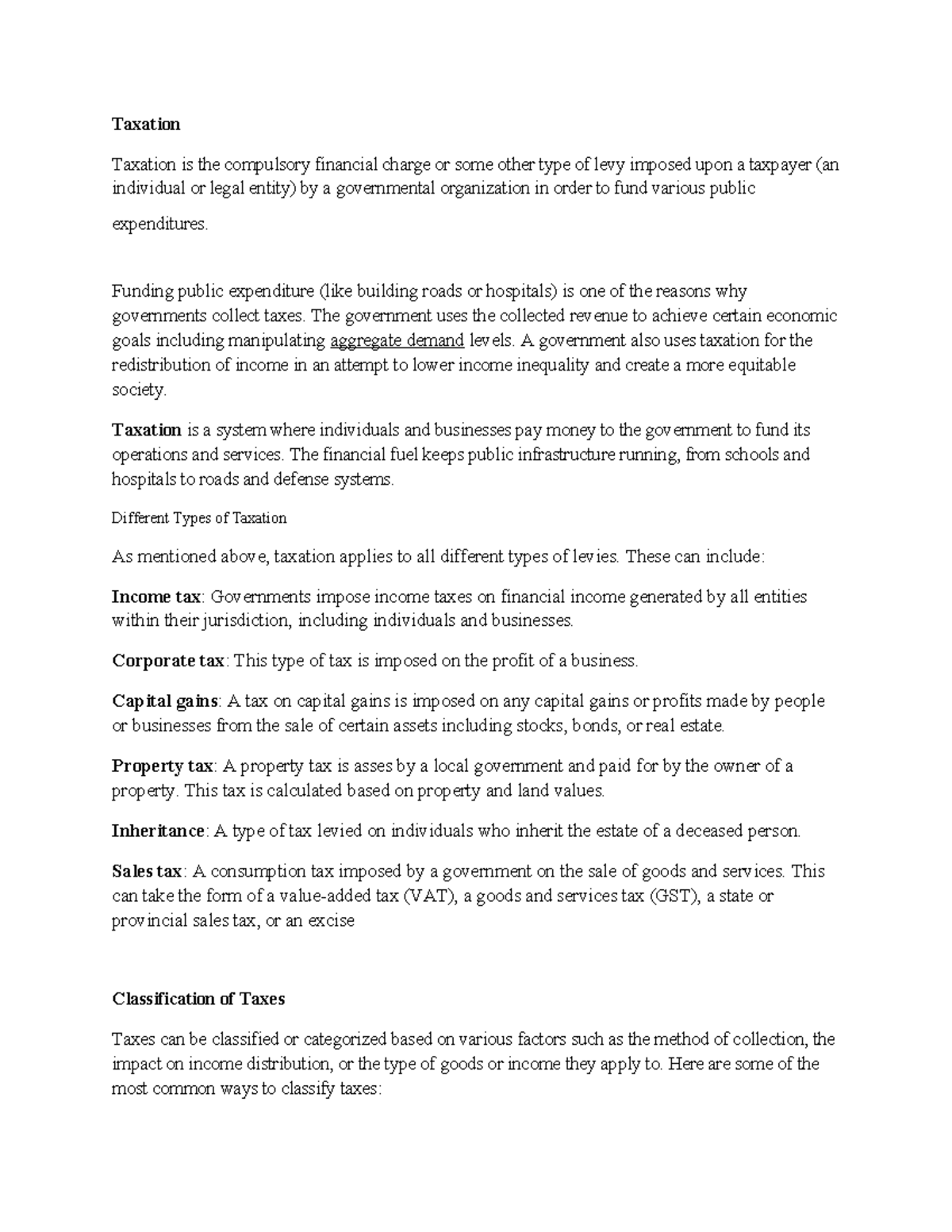 Taxation - notes - Taxation Taxation is the compulsory financial charge ...
