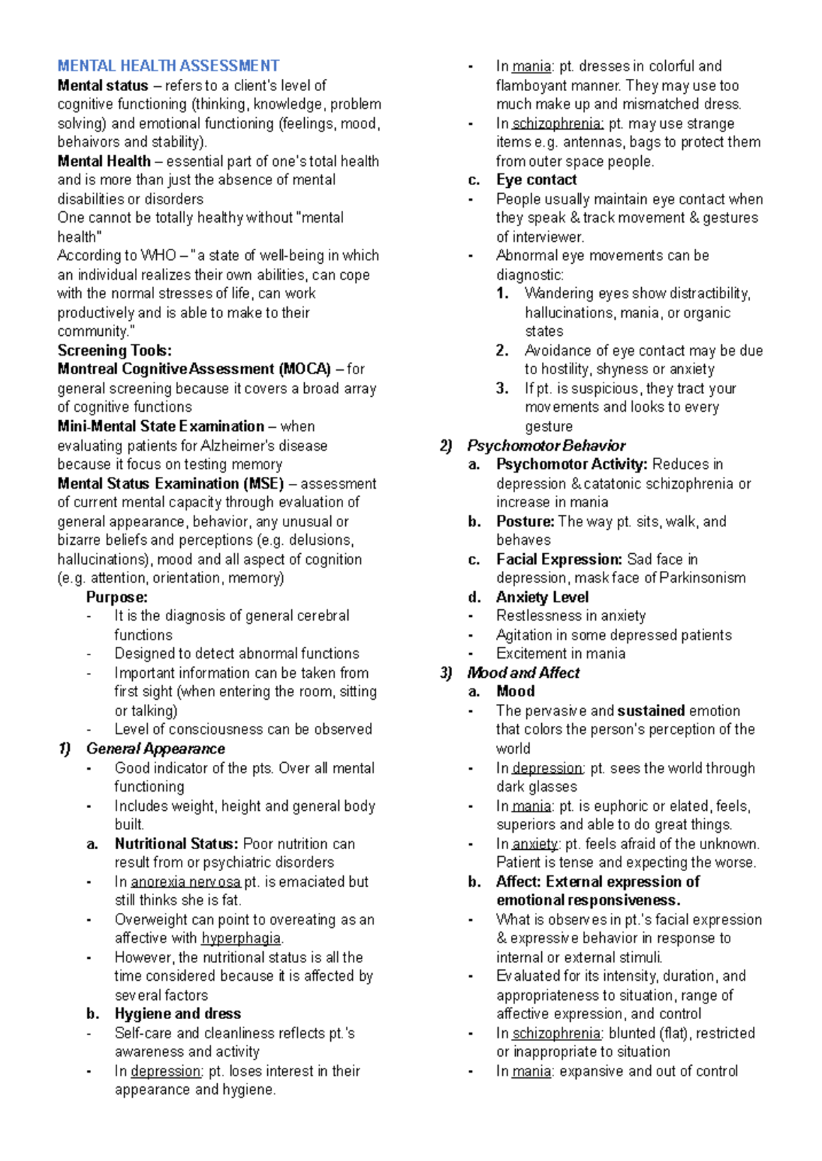 Health Assessment Reviewer MT - MENTAL HEALTH ASSESSMENT Mental status ...