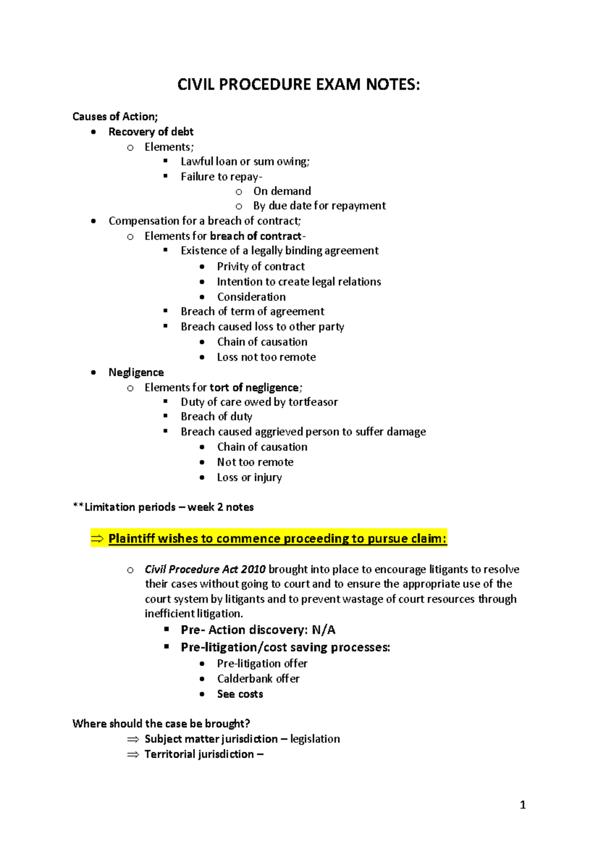 Civil-procedure-notes - CIVIL PROCEDURE EXAM NOTES: Causes Of Action ...