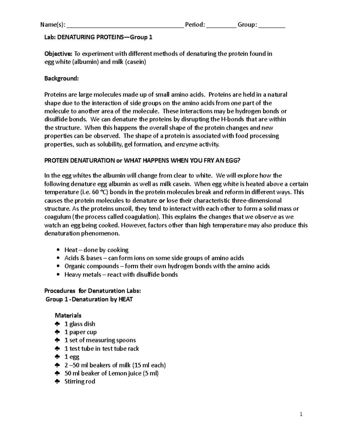 9a. Protein Denaturation LabGroup 1 Name(s