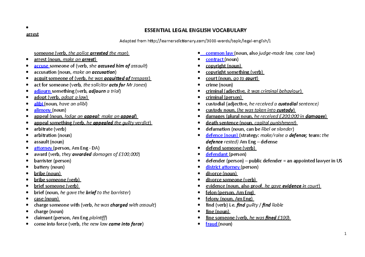 Essential Legal English Word List 2022 arrest someone (verb, the police arrested the man