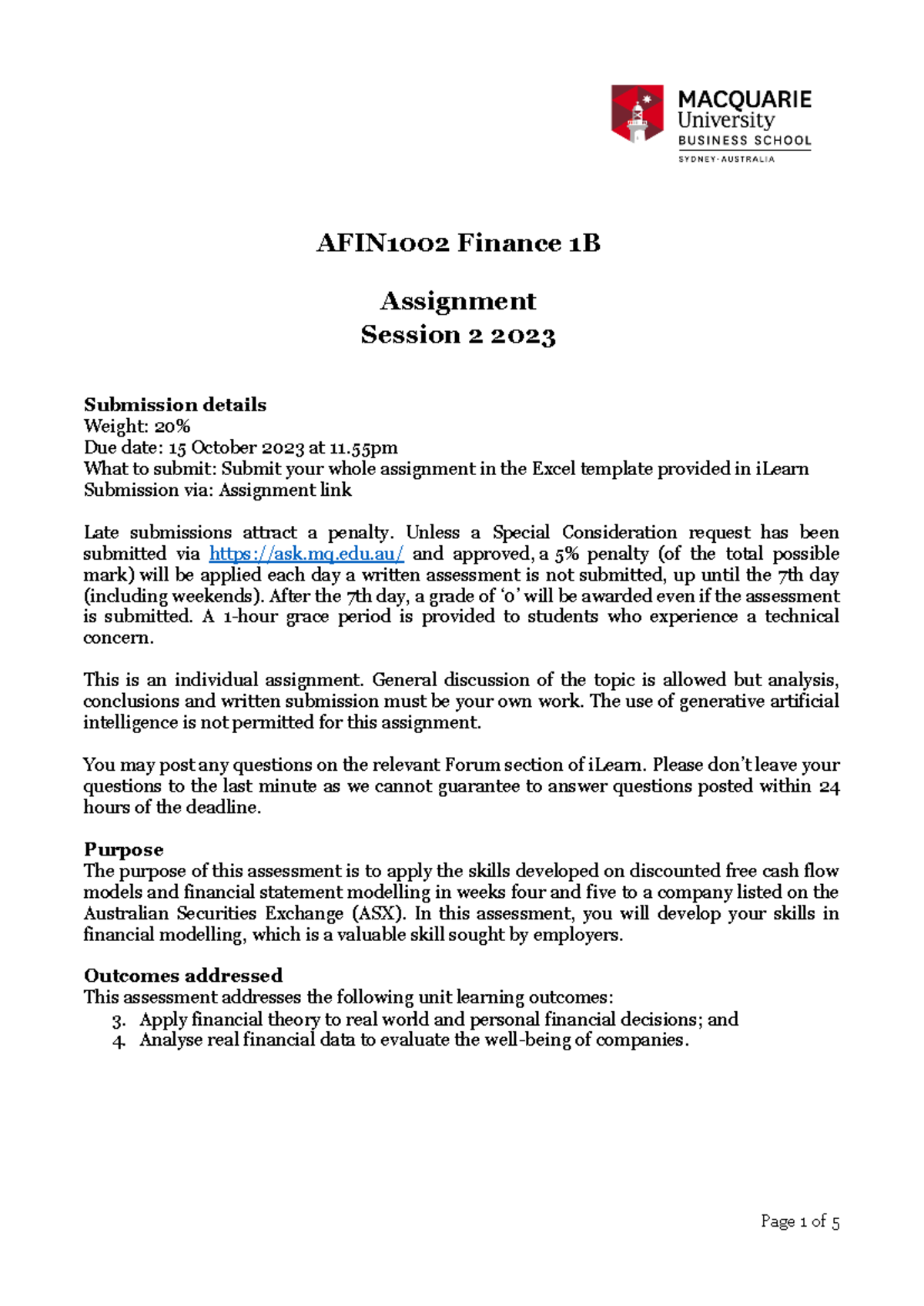 AFIN1002 Assignment Session 2 2023 - AFIN1002 Finance 1B Assignment ...